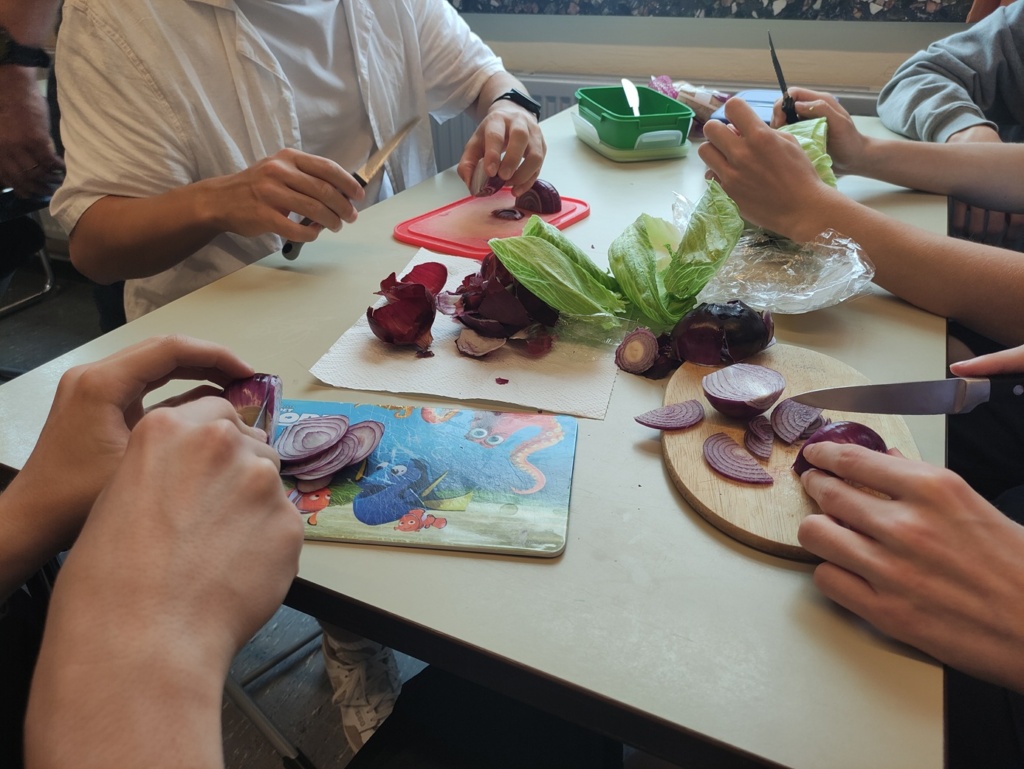 Kulinarik4 Am Tisch werden rote Zwiebeln und grüner Salat klein geschnitten.
