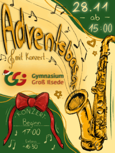 Plakat in Grün, Goldgelb und Rot für Adventsbasar und Konzert am GGI
