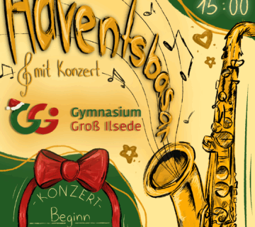 Plakat in Grün, Goldgelb und Rot für Adventsbasar und Konzert am GGI