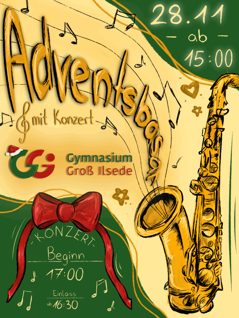 Plakat in Grün, Goldgelb und Rot für Adventsbasar und Konzert am GGI